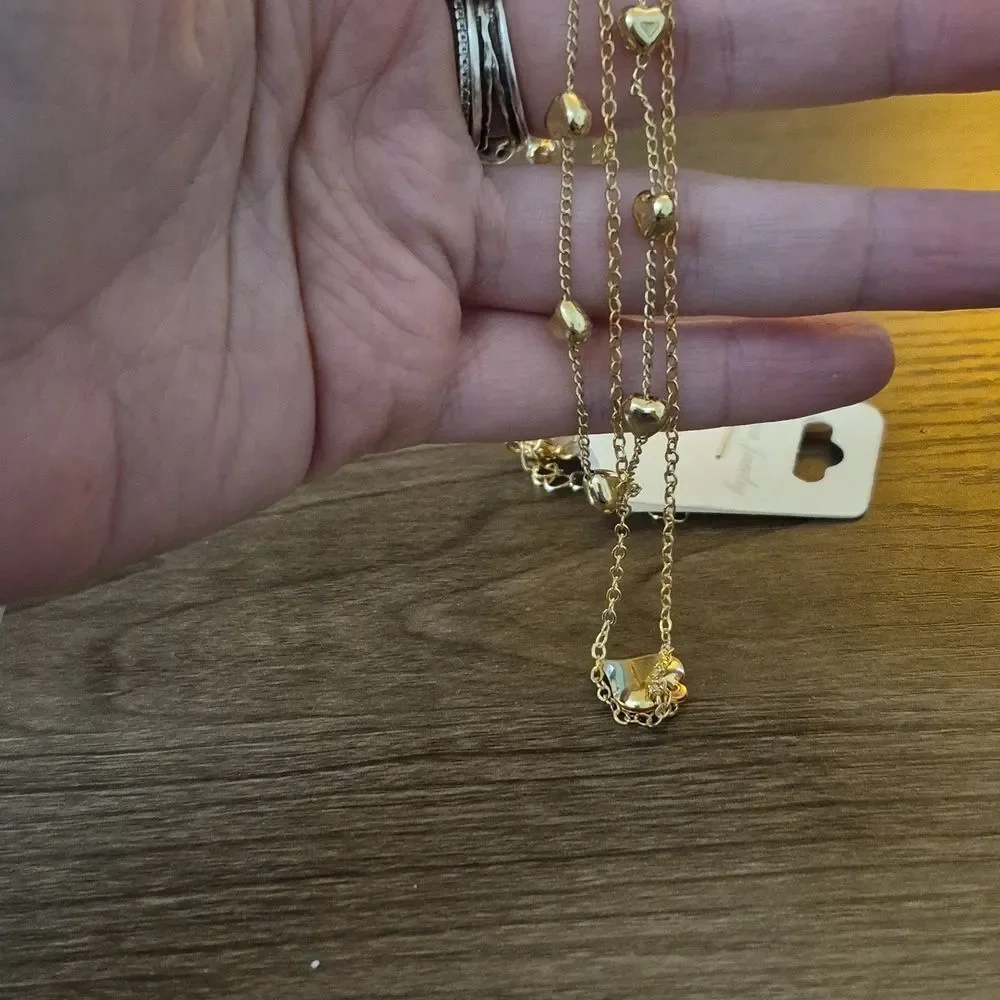 ♡♡♡ Layered Heart Pendant Necklace Gold Plated Beaded Chain Set of 2